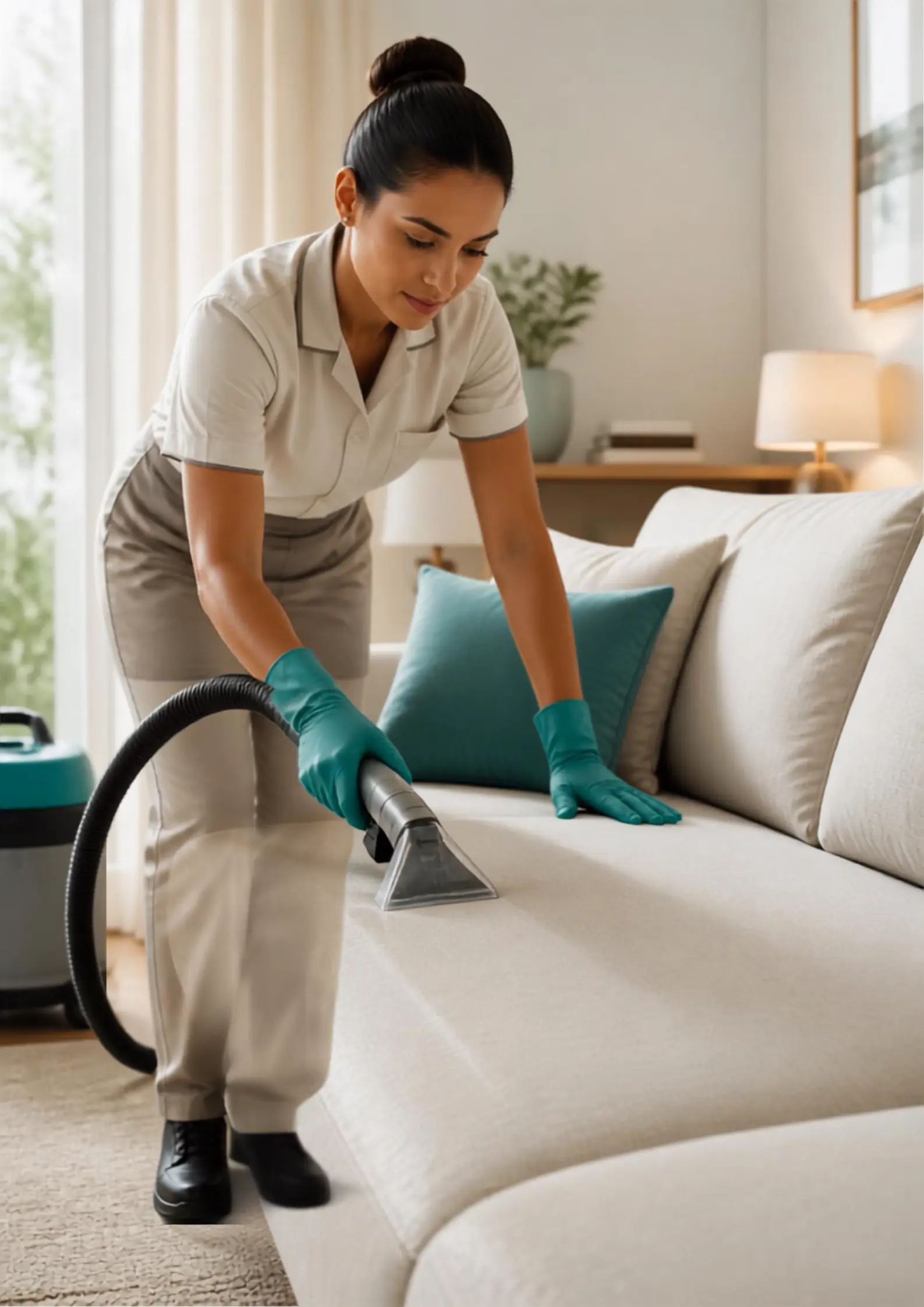 Profissional realizando higienização de um sofá em ambiente limpo e organizado