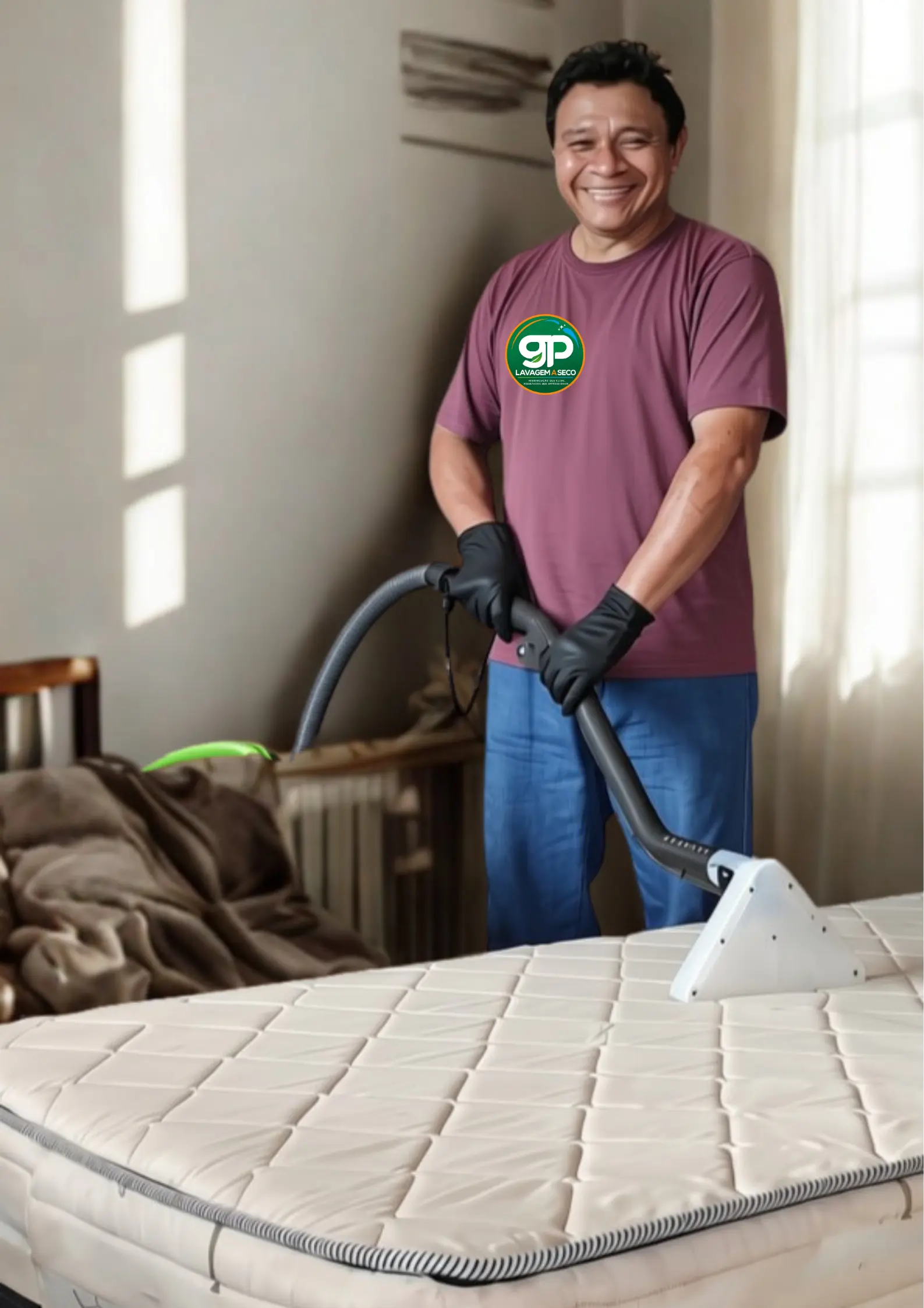 Gilberto realizando um atendimento de higienização de estofados